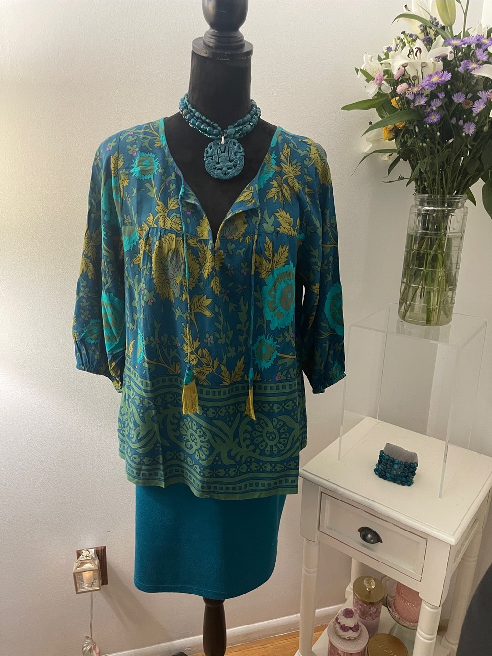 NATURAL LIFE Teal & GreenFloral V-Neck Tunic